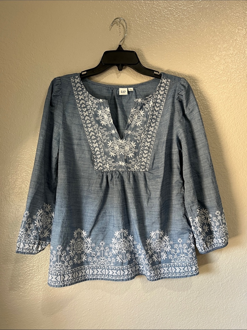 GAP Light Blue White Floral Embroidered V-Notch Tunic Sz S Boho Casual TC0272